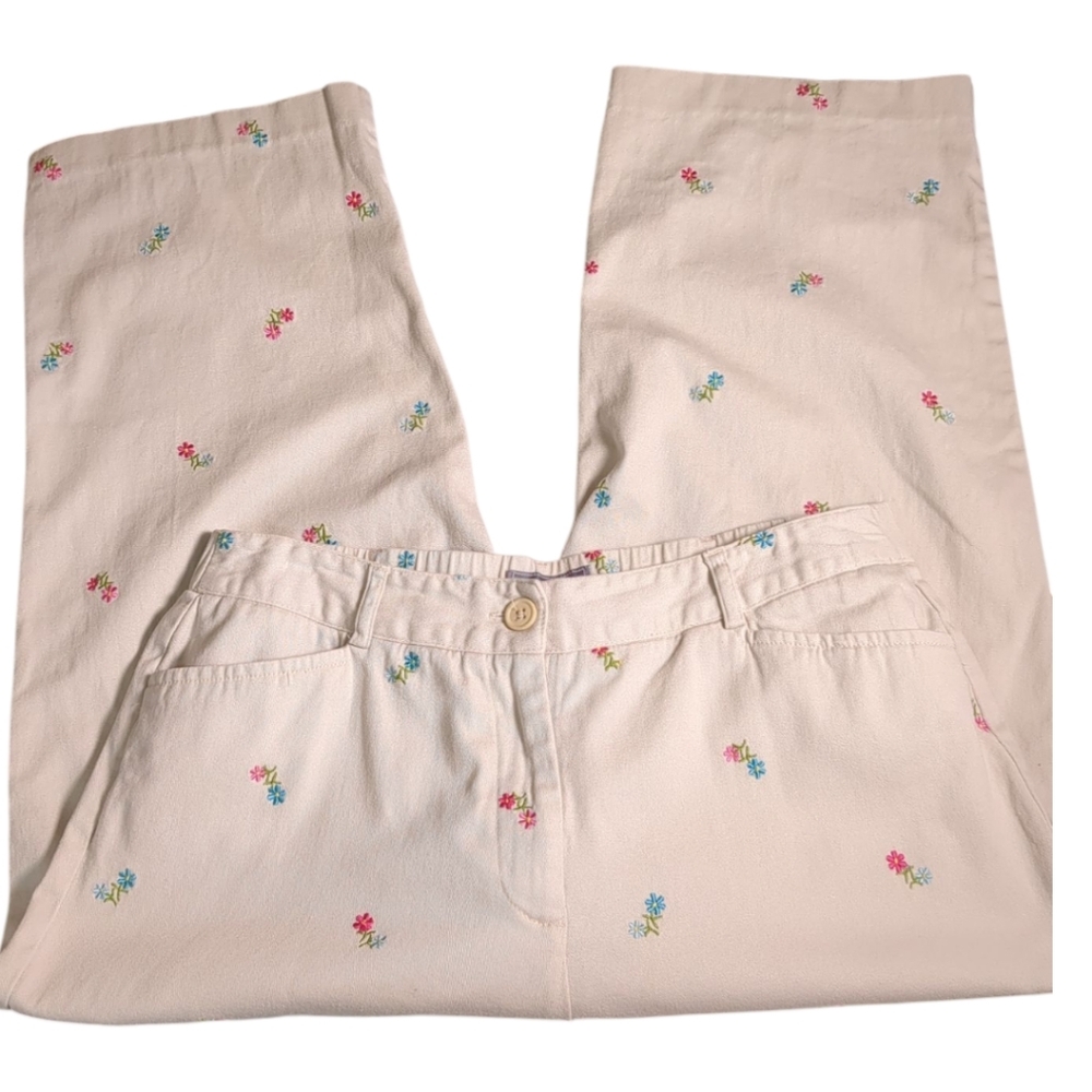 Laura Scott Cottagecore Floral Embroidered Crop Capri Pants Sz 10